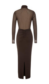 MESH LONG SLEEVE MAXI DRESS IN COFFEE