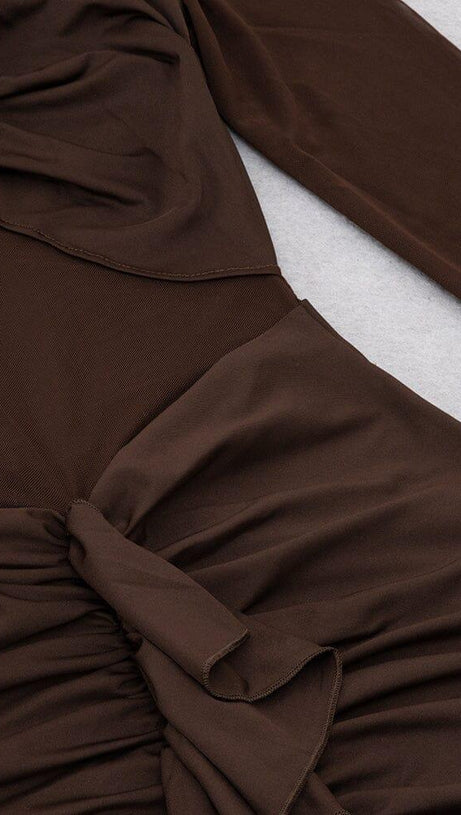MESH LONG SLEEVE MAXI DRESS IN COFFEE