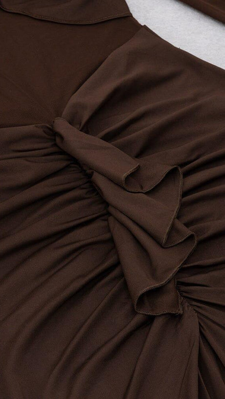 MESH LONG SLEEVE MAXI DRESS IN COFFEE