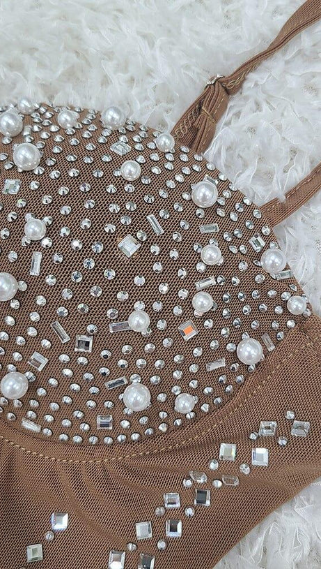 RHINESTONE AND PEARL STUDDED MAXI DRESS