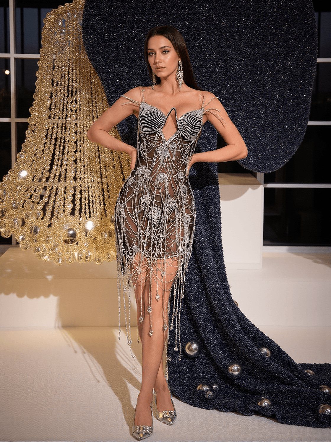 FILIP CRYSTAL CHAIN FRINGE MESH DRESS