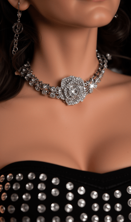 Erosa Crystal Rose Necklace In Silver