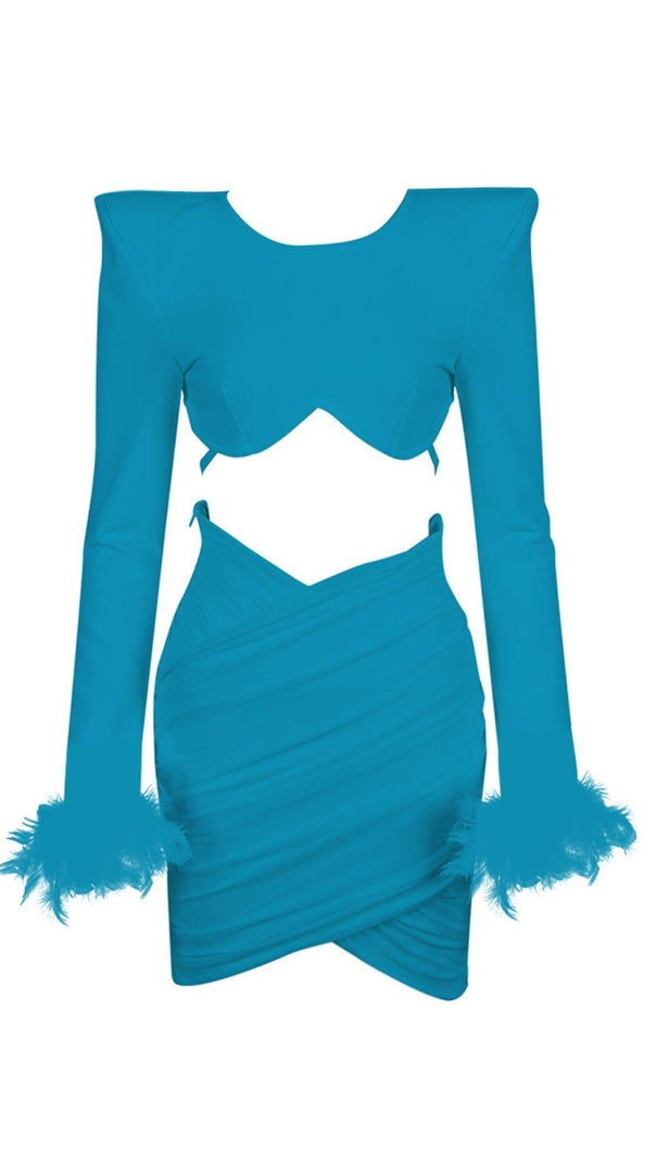 AIIZIE SHOULEDR PAD WAIST BARING FEATHER BLOUSE PLEATED DRESS IN BLUE - product image