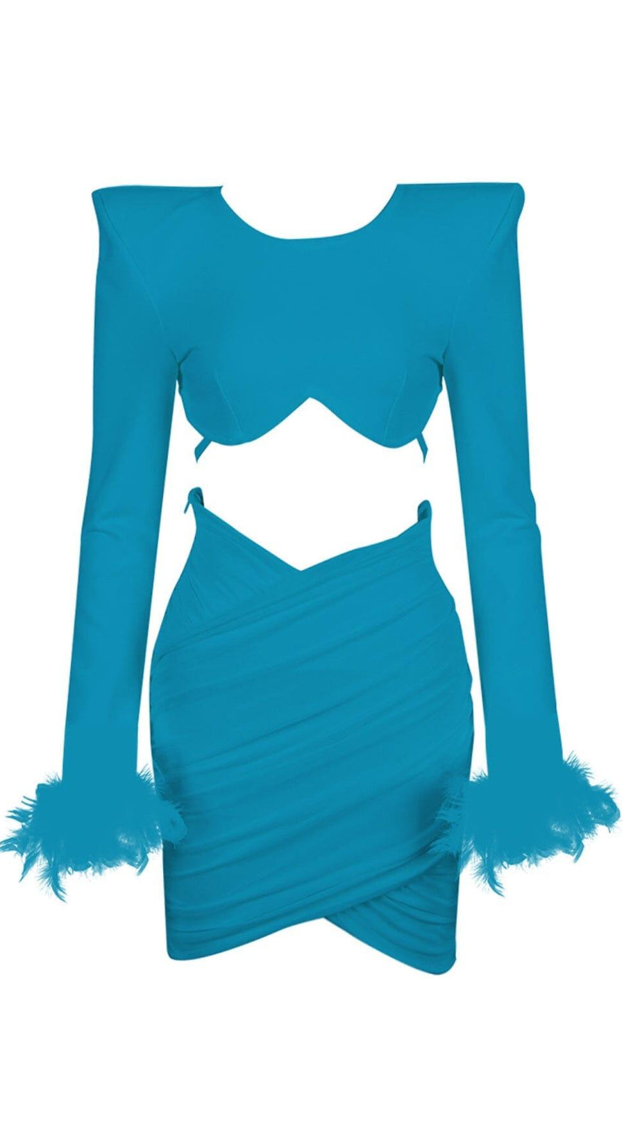 SHOULEDR PAD WAIST BARING FEATHER BLOUSE PLEATED DRESS IN BLUE