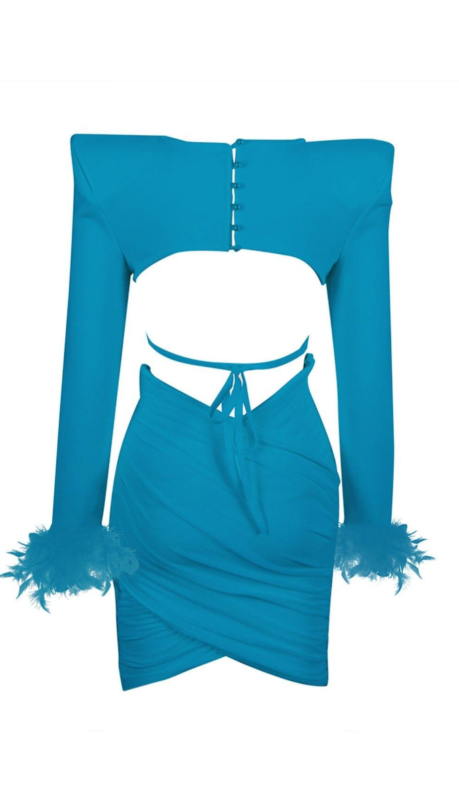 ABITO PLISSETTATO CON CAMICIA DI PIUME E SPALLE SCOLLATE IN BLU