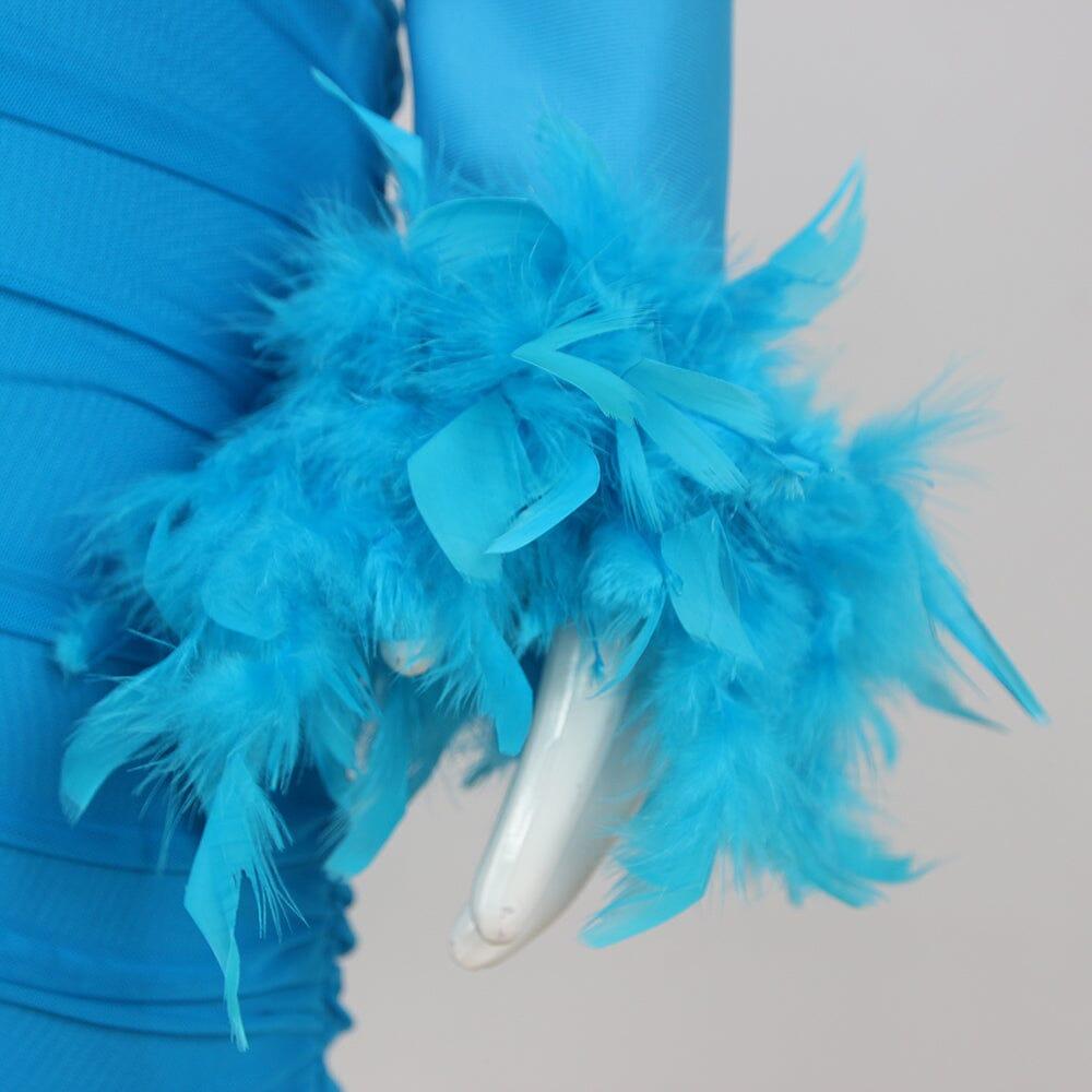 AIIZIE SHOULEDR PAD WAIST BARING FEATHER BLOUSE PLEATED DRESS IN BLUE - product image