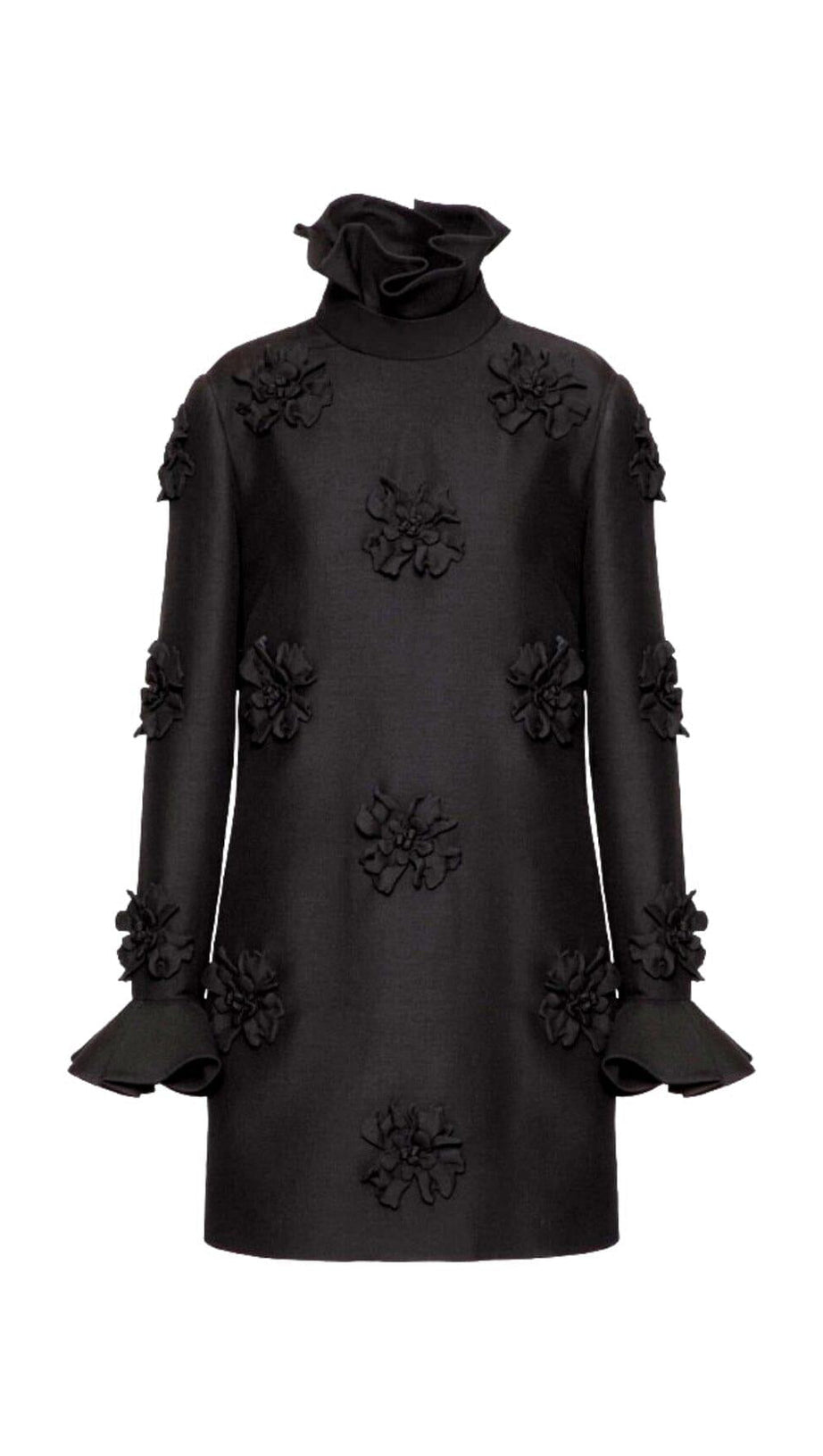 GIANNA STEREO FLOWER RUFFLE MINI DRESS IN BLACK