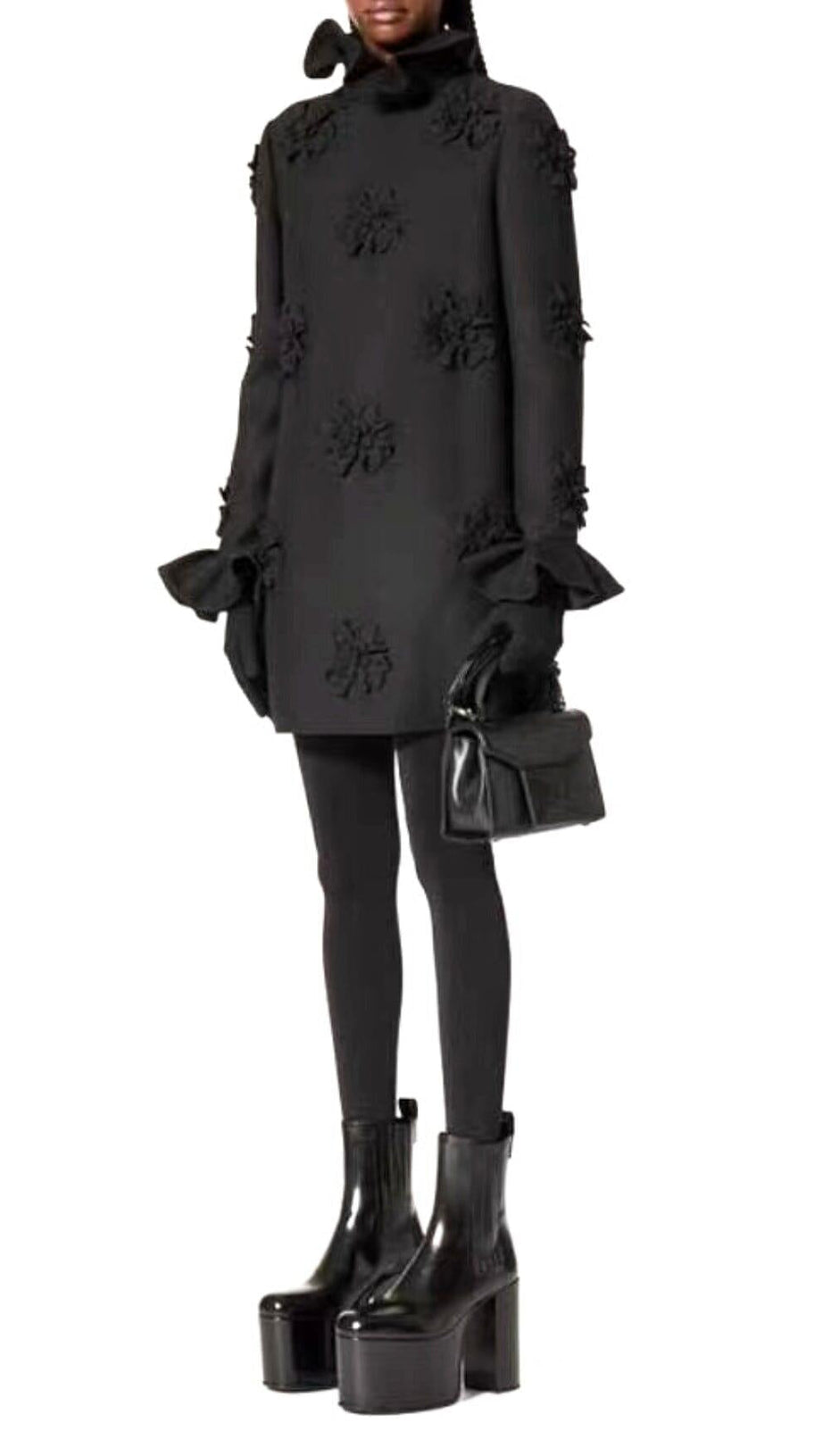 GIANNA STEREO FLOWER RUFFLE MINI DRESS IN BLACK