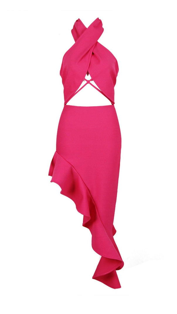 Bandage Halter Midi Dress in Rose Pink