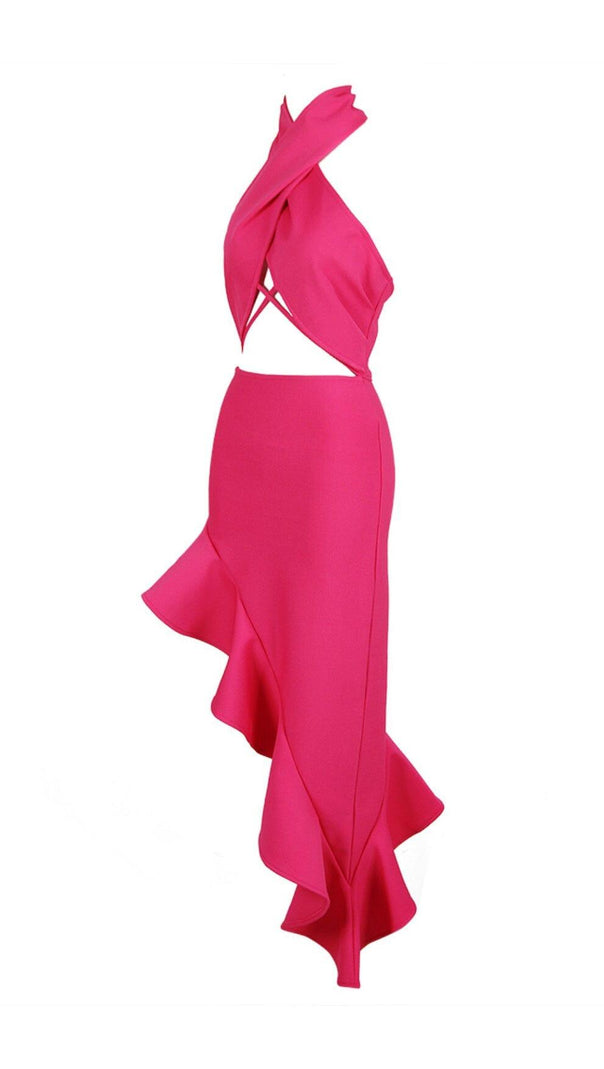 Bandage Halter Midi Dress in Rose Pink