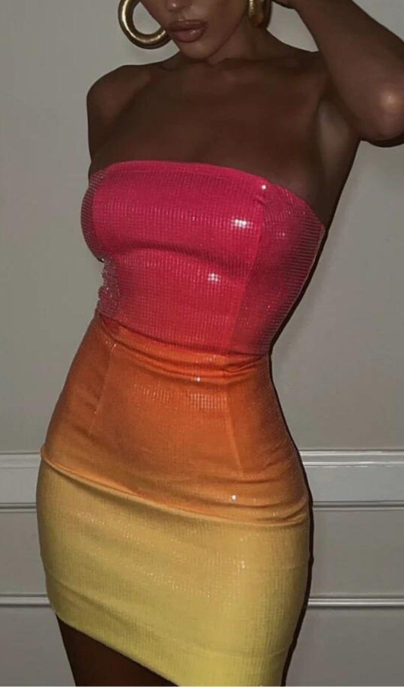 RED-YELLOW GRADIENT STRAPLESS MINI DRESS