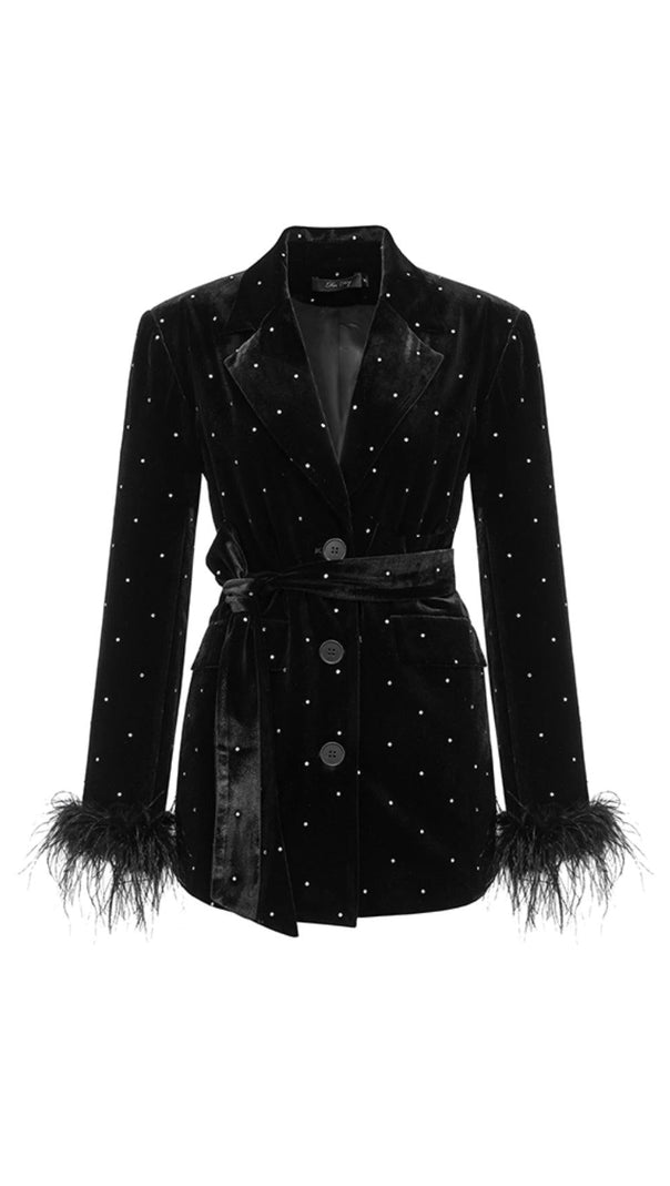 AIIZIE BLACK SINGLE BUTTON VELVET FEATHERS BLAZER - product image
