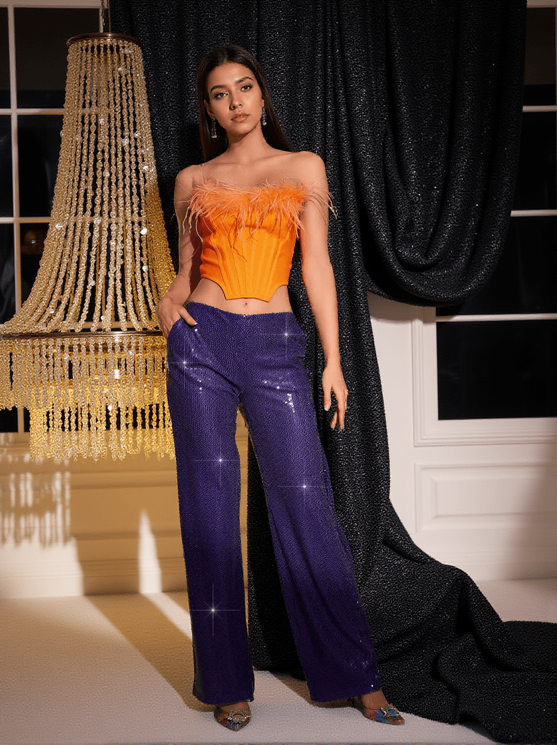 LIKAN CROP TOP SEQUIN PANTS SET