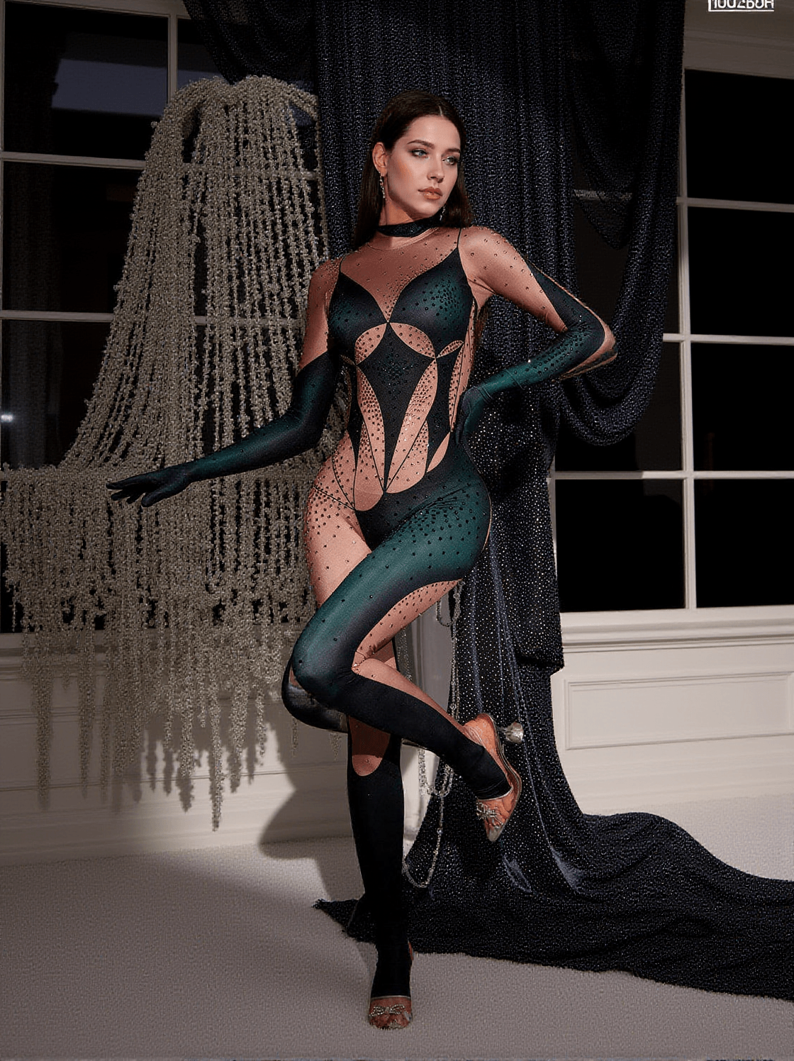 METRA BODY PRINTED RHINESTONE GLOVES JUMPSUIT IN GREEN