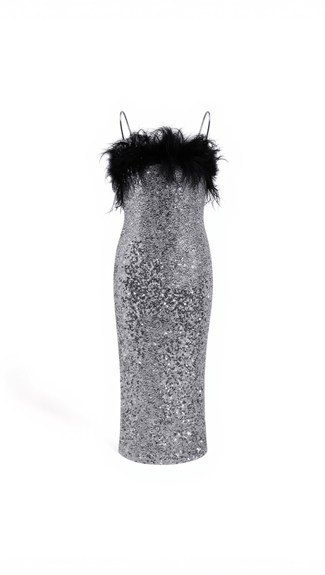 ABITO CON CATENA DI CRISTALLO E PIUME E PAILLETTES LAMBO