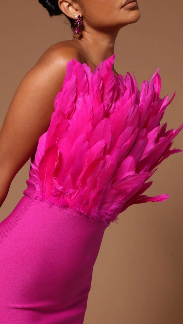 AIIZIE SLEEVELESS BACKLESS FEATHER-DECORATED SLIM MIDI DRESS IN PINK - product image