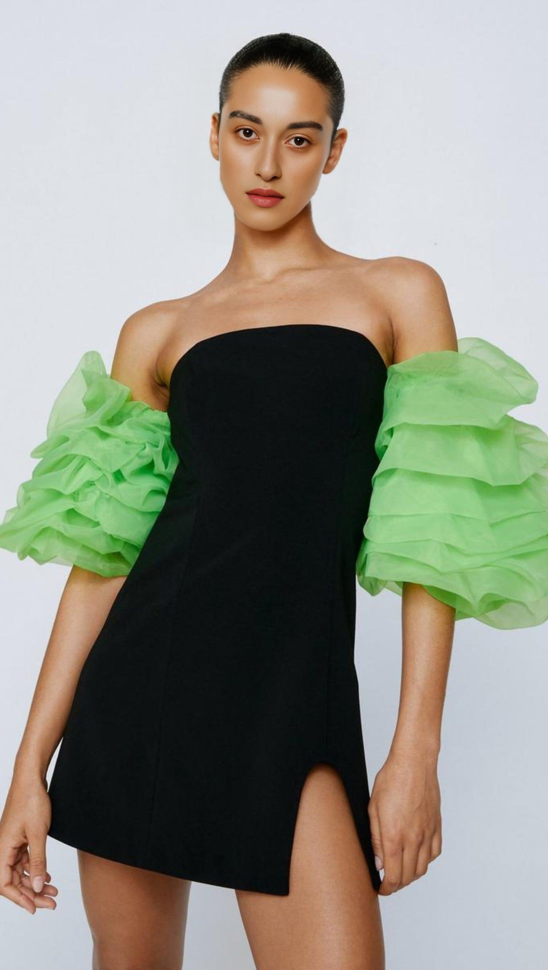 ORGANZA PUFF SLEEVE MINI DRESS IN BLACK