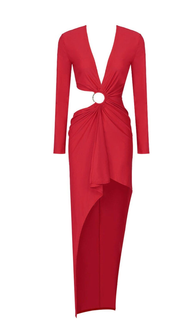 AIIZIE RED V-NECK LONG-SLEEVE SPLIT DRESS - product image
