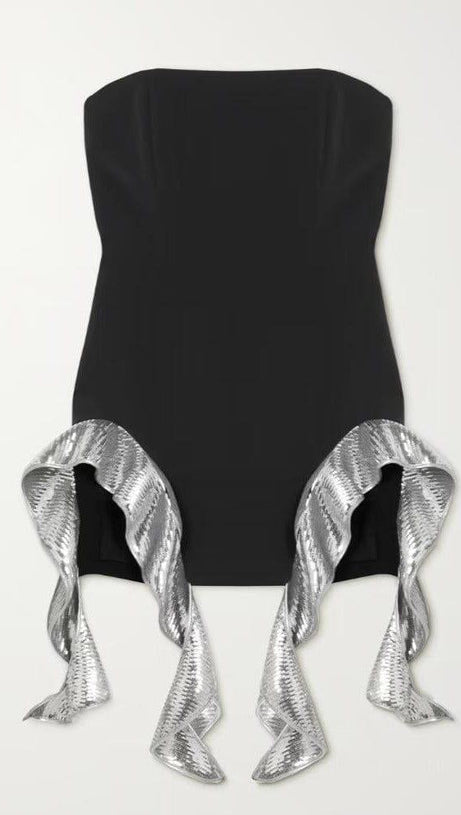 METALLIC-RUFFLE STRAPLESS MINIDRESS