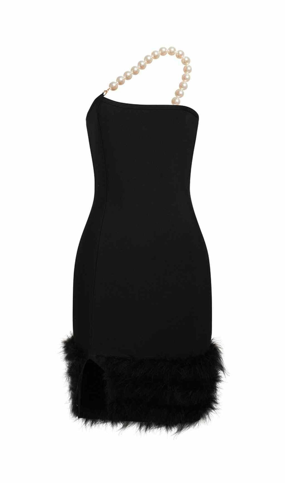 MINI ABITO CON BENDAGGIO, PIUME E PERLE IN NERO