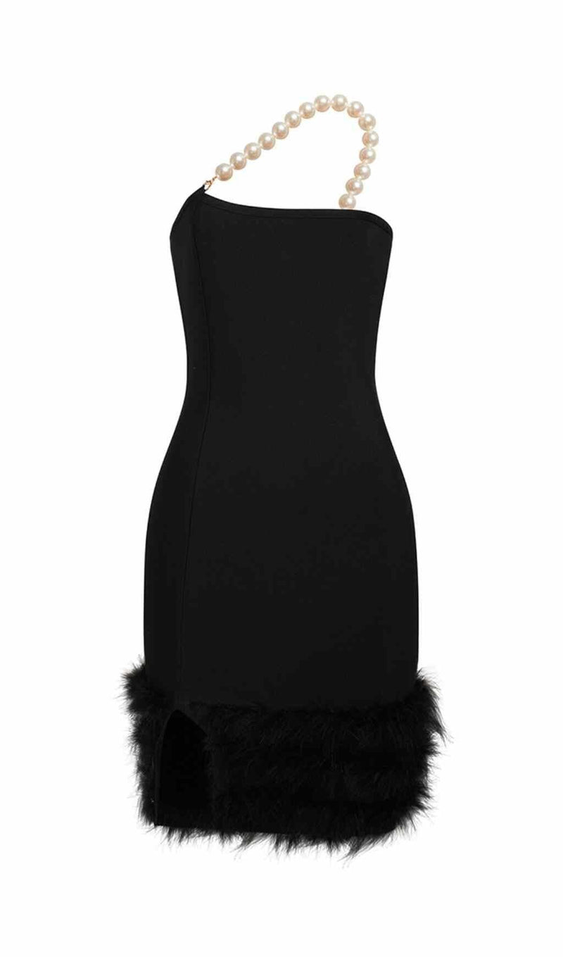 BANDAGE FEATHER PEARL MINI DRESS IN BLACK