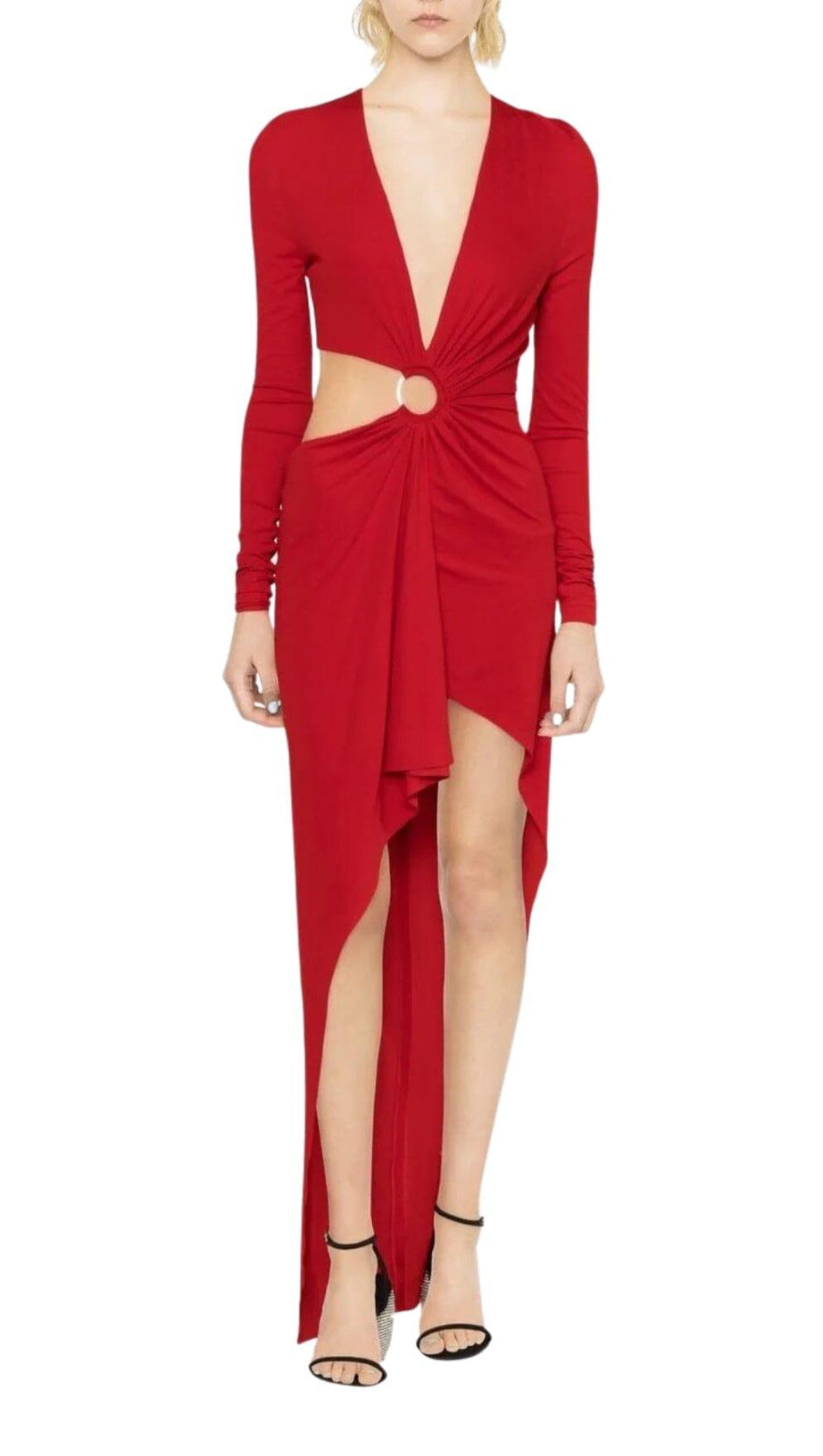 RED V-NECK LONG-SLEEVE SPLIT DRESS