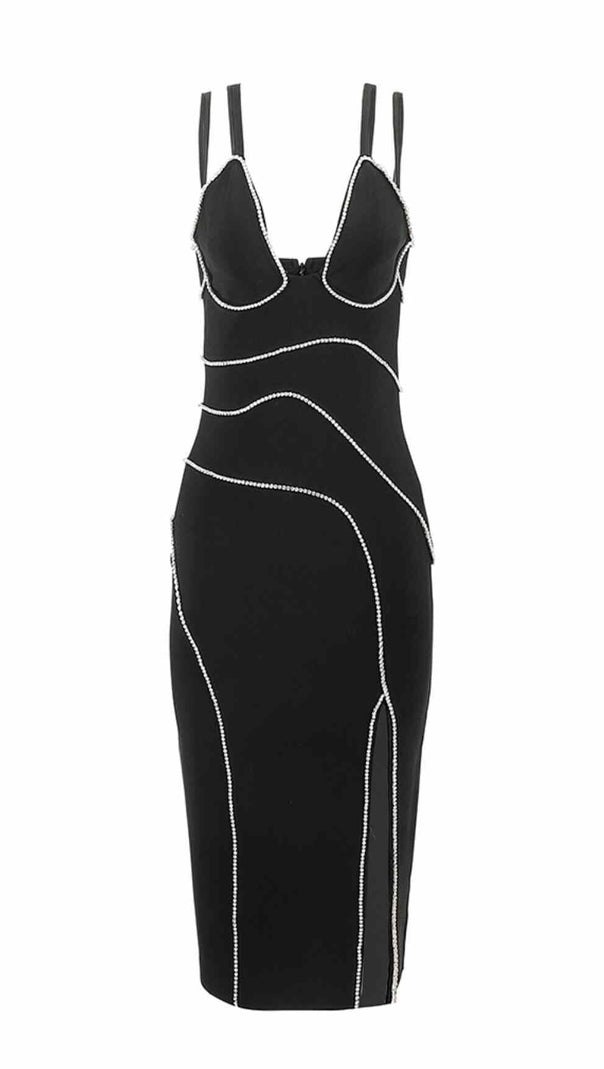 ABITO MIDI CON SPACCO E BANDAGE DIAMOND NERO