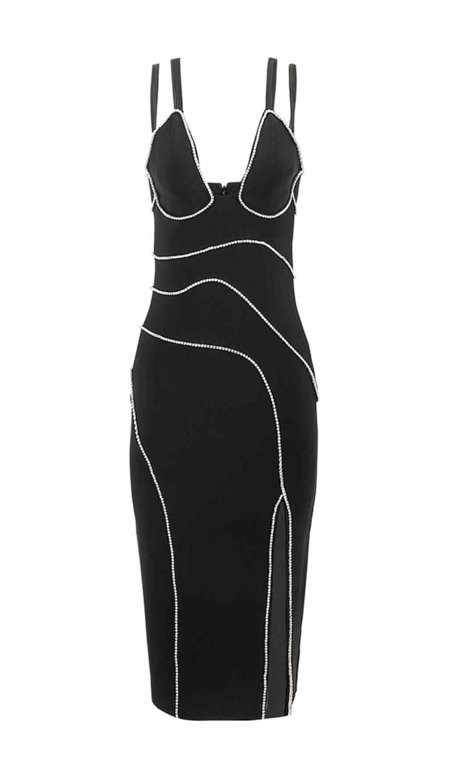 ABITO MIDI CON SPACCO E BANDAGE DIAMOND NERO