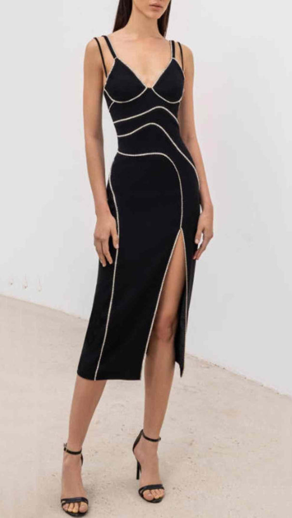 ABITO MIDI CON SPACCO E BANDAGE DIAMOND NERO