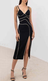 BANDAGE DIAMOND MIDI SPLIT DRESS IN BLACK