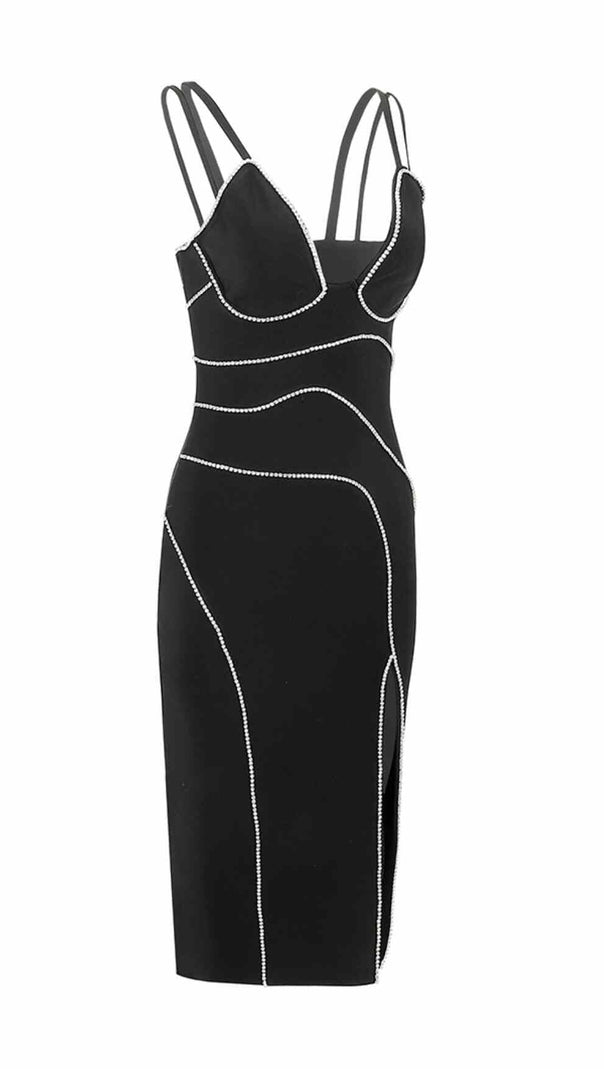 ABITO MIDI CON SPACCO E BANDAGE DIAMOND NERO