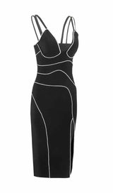 BANDAGE DIAMOND MIDI SPLIT DRESS IN BLACK