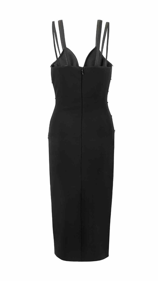 ABITO MIDI CON SPACCO E BANDAGE DIAMOND NERO
