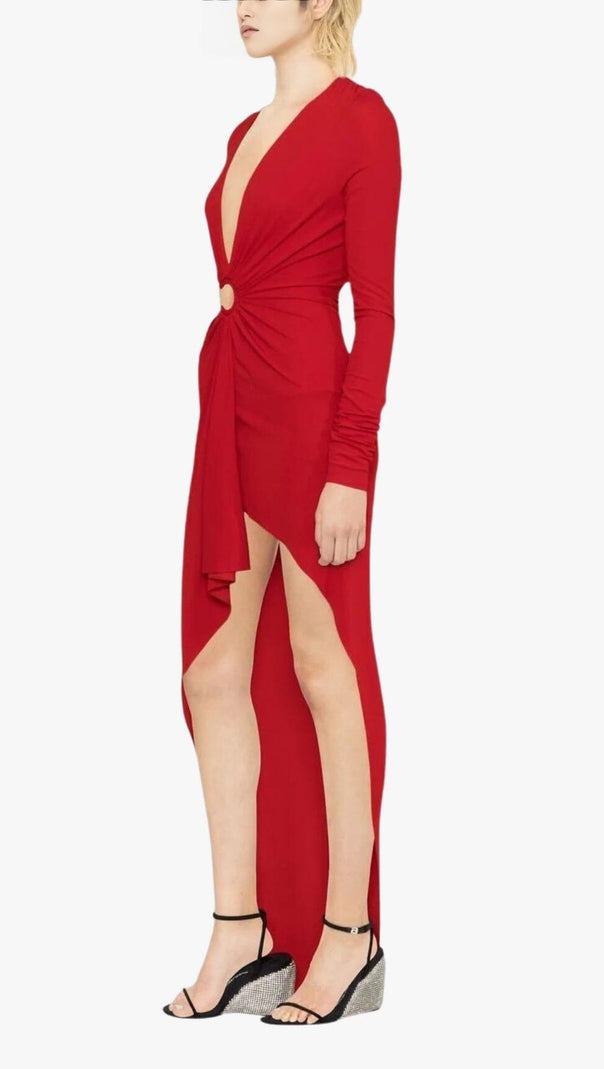 AIIZIE RED V-NECK LONG-SLEEVE SPLIT DRESS - product image