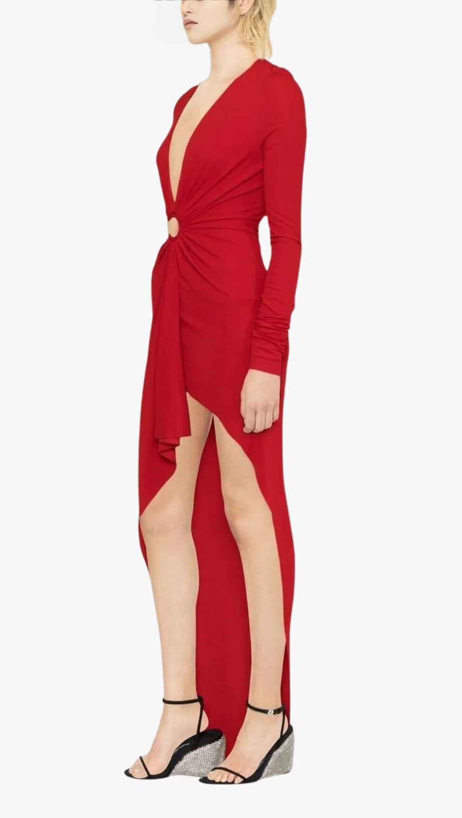 RED V-NECK LONG-SLEEVE SPLIT DRESS