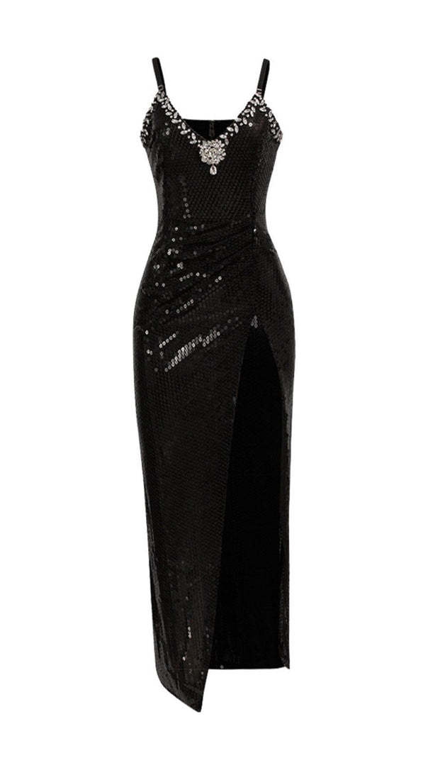 AIIZIE SEQUIN CRYSTAL V NECK MAXI DRESS IN BLACK - product image