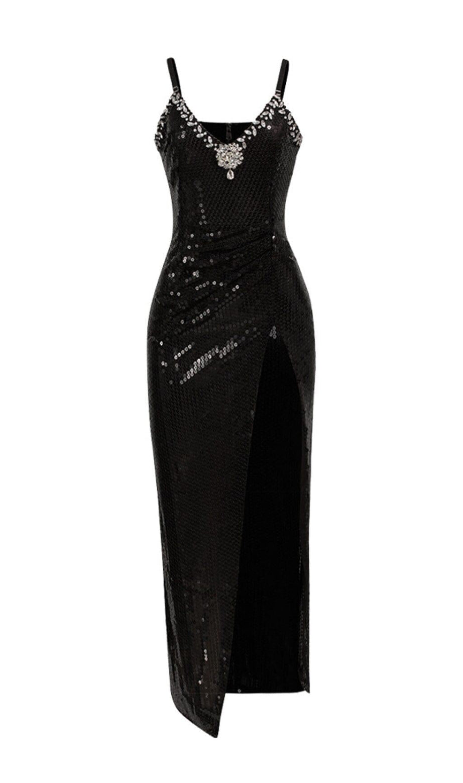 ABITO LUNGO CON SCOLLO A V E PAILLETTES E CRISTALLI NERO