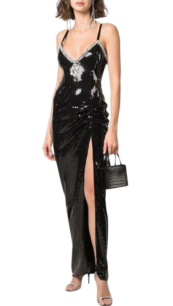 AIIZIE SEQUIN CRYSTAL V NECK MAXI DRESS IN BLACK - product image