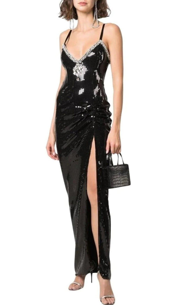 SEQUIN CRYSTAL V NECK MAXI DRESS IN BLACK