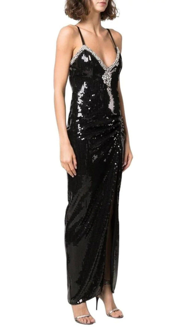 AIIZIE SEQUIN CRYSTAL V NECK MAXI DRESS IN BLACK - product image