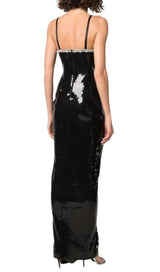 SEQUIN CRYSTAL V NECK MAXI DRESS IN BLACK