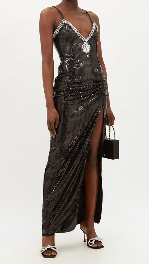 AIIZIE SEQUIN CRYSTAL V NECK MAXI DRESS IN BLACK - product image