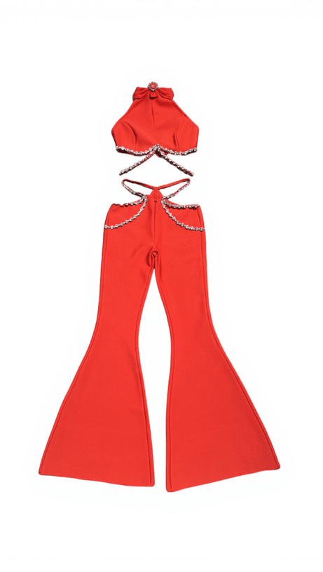 SET DI PANTALONI CON BENDAGGIO IN CRISTALLO E COLLO ALTO KESAR