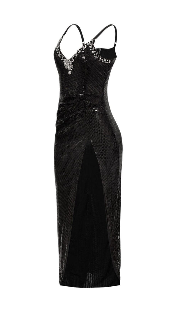 AIIZIE SEQUIN CRYSTAL V NECK MAXI DRESS IN BLACK - product image