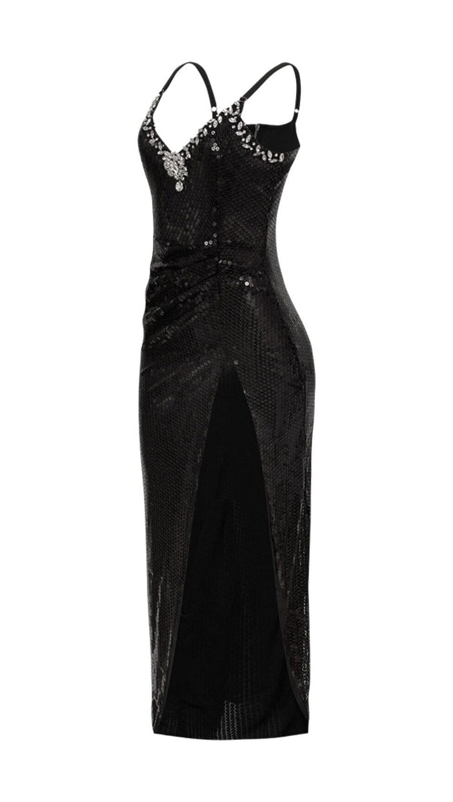 SEQUIN CRYSTAL V NECK MAXI DRESS IN BLACK