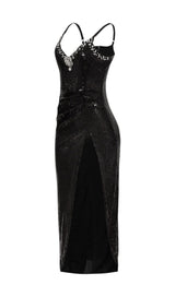 SEQUIN CRYSTAL V NECK MAXI DRESS IN BLACK