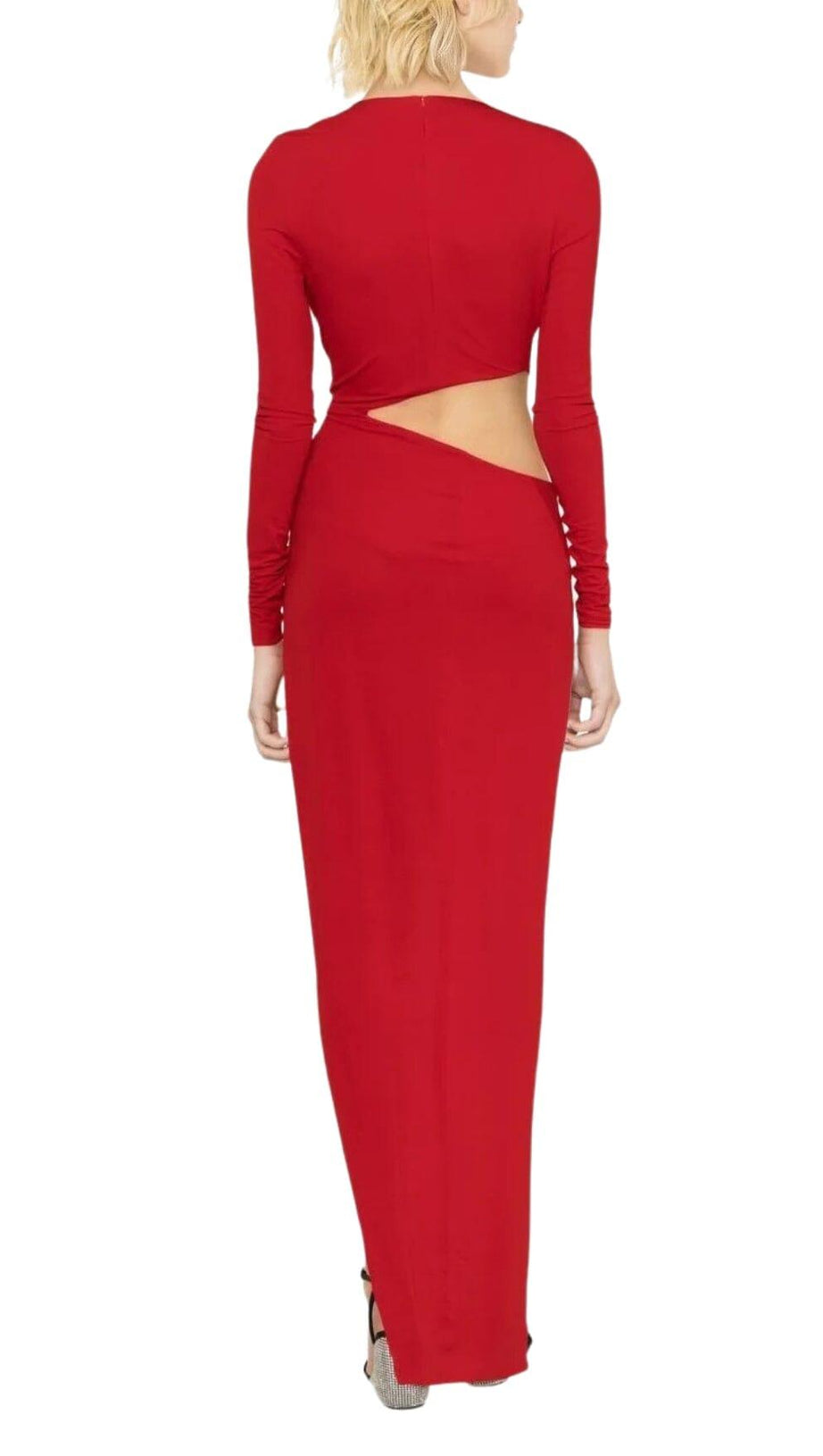 RED V-NECK LONG-SLEEVE SPLIT DRESS