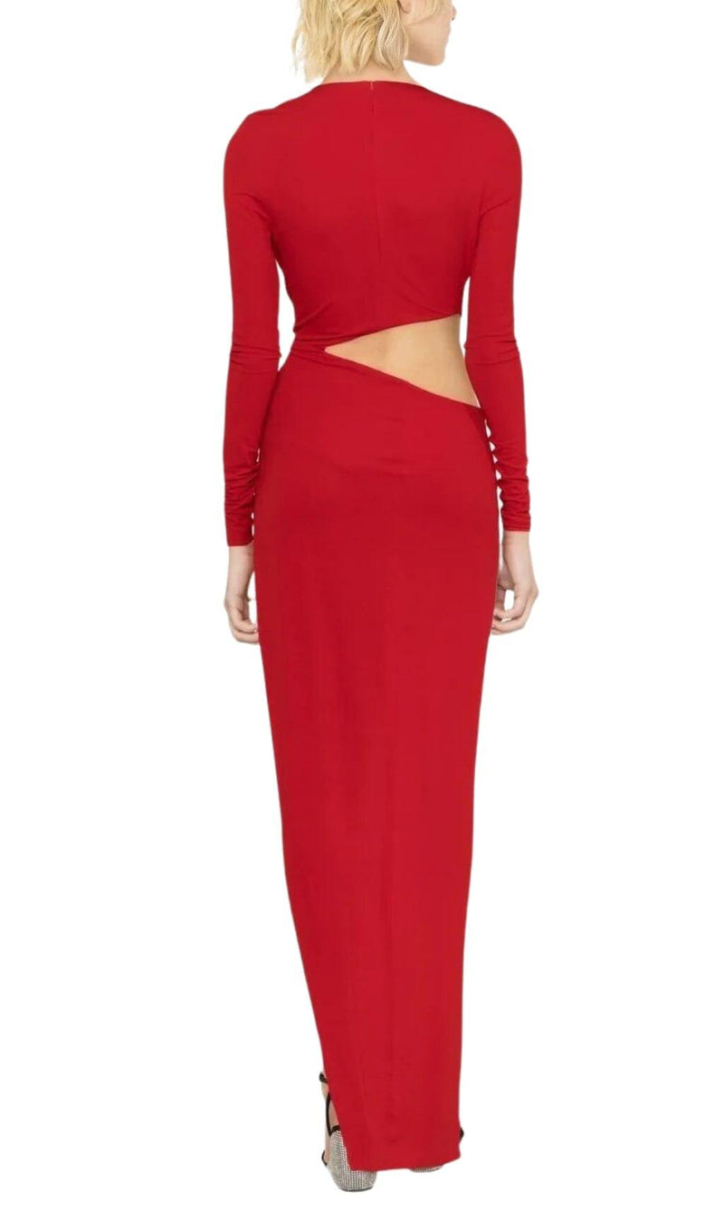 RED V-NECK LONG-SLEEVE SPLIT DRESS