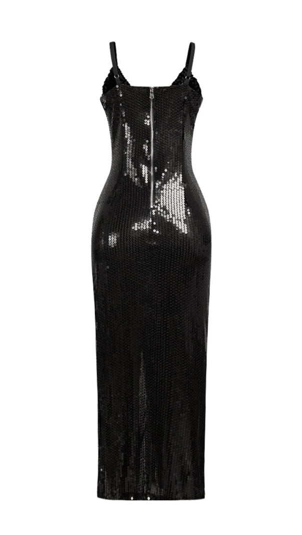 AIIZIE SEQUIN CRYSTAL V NECK MAXI DRESS IN BLACK - product image