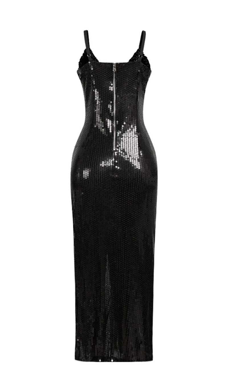 SEQUIN CRYSTAL V NECK MAXI DRESS IN BLACK